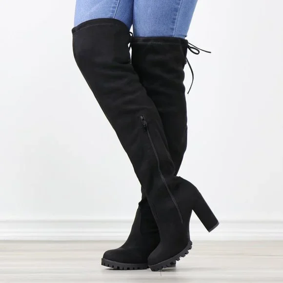 Black Thigh High Boots Over The Knee Block Lug High Heel Faux Suede Round Toe - Picture 9 of 13